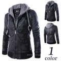 New Design Men PU Leather Zipped Biker Leather Jacket Hoodie